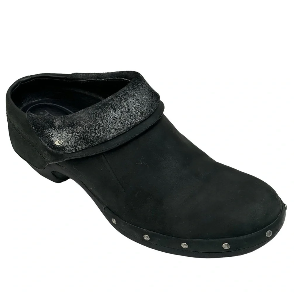 Merrell Black Luxe Leather Wrap 2.5” Slip On Clog w Nickel Stud Accents Size 11 - Picture 2 of 14